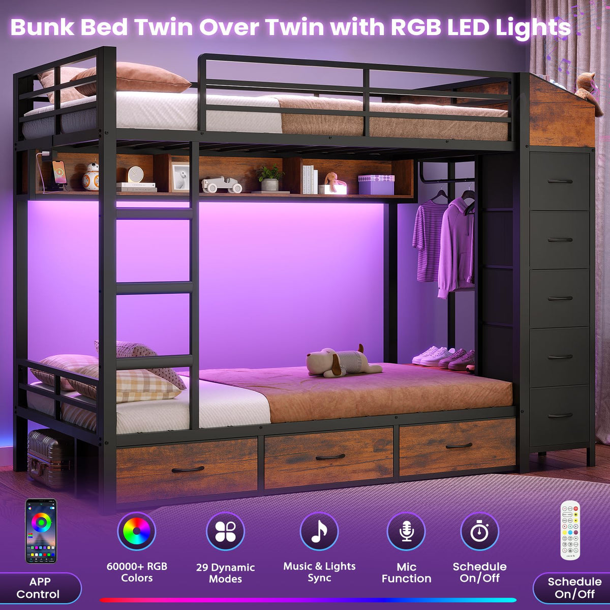 Twin Over Twin Bunk Bed with 8 Storage Drawers and Power Outlets, LED Metal Bunk Bed with Ladder, Black I802210
