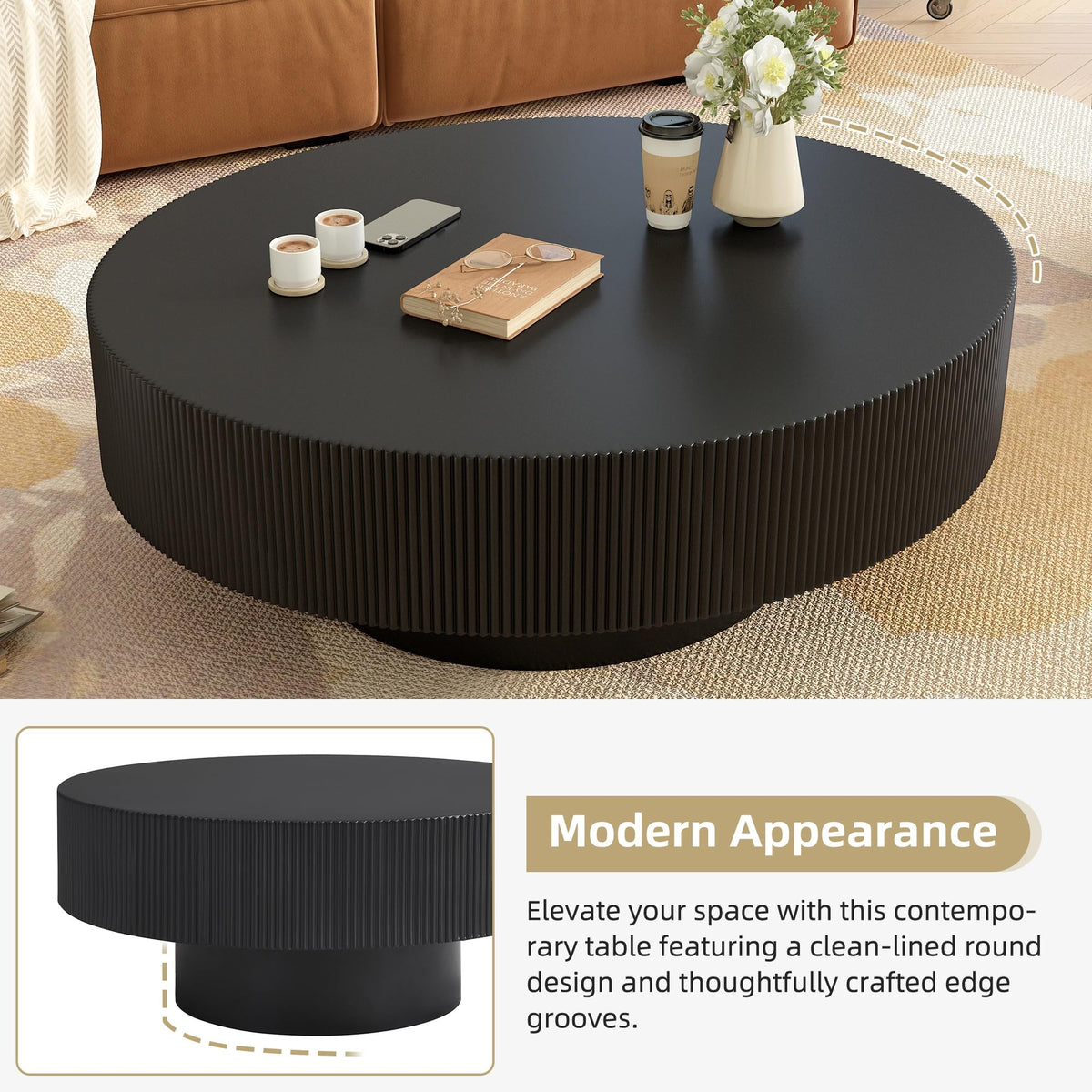 Round Coffee Table, 31.5" Fluted Pedestal Wood Table, Black R1118
