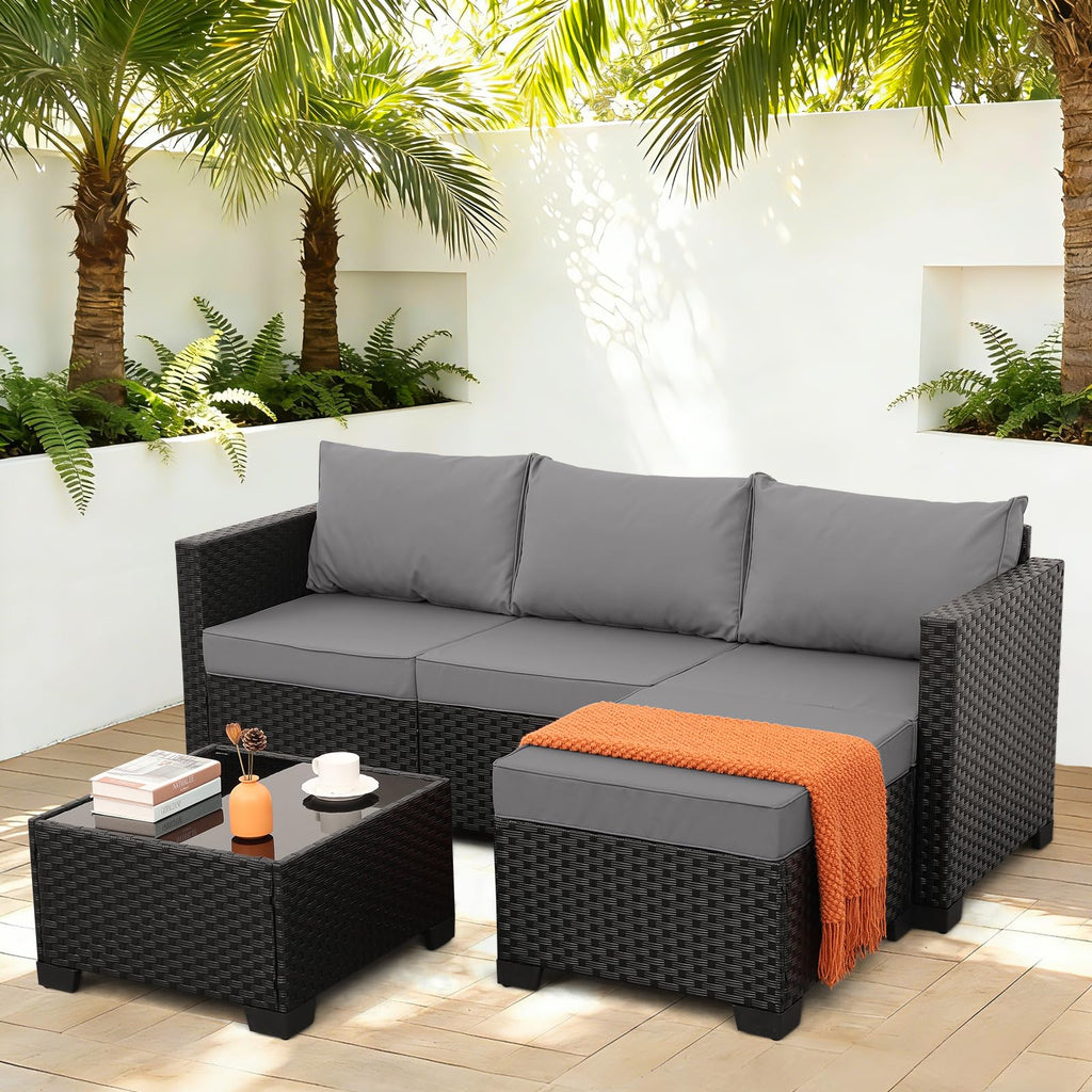 3 Pieces Wicker Outdoor Sectional with Ottoman and Glass Table J9912