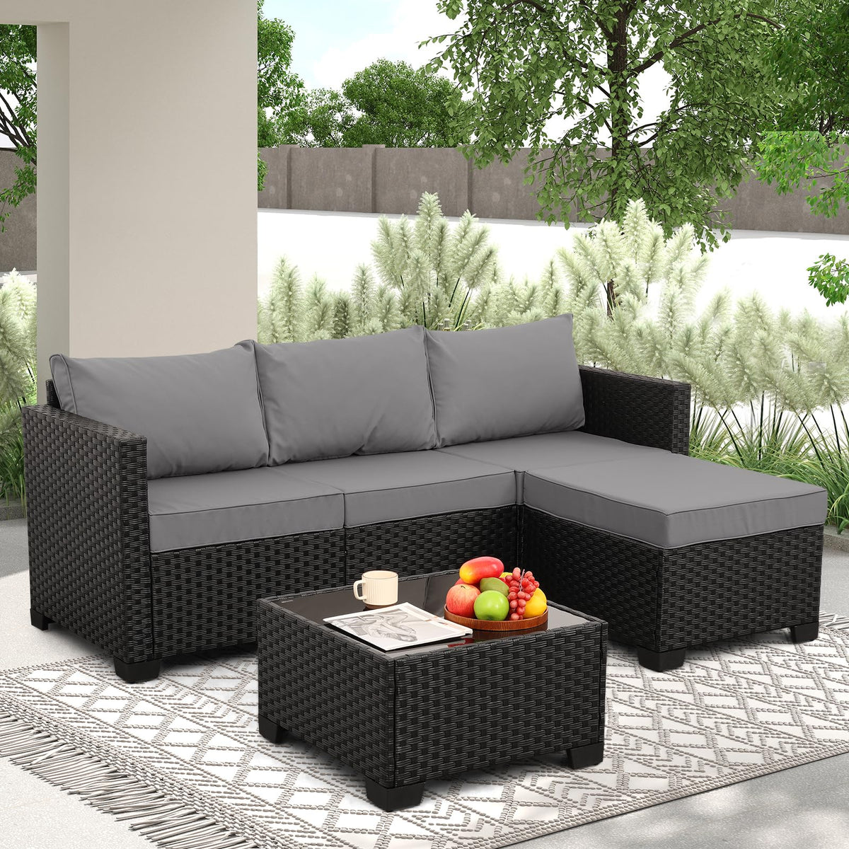 3 Pieces Wicker Outdoor Sectional with Ottoman and Glass Table J9912
