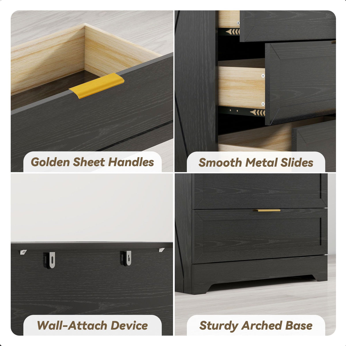 Modern Wide Wooden Chest of Drawers, Black V164058