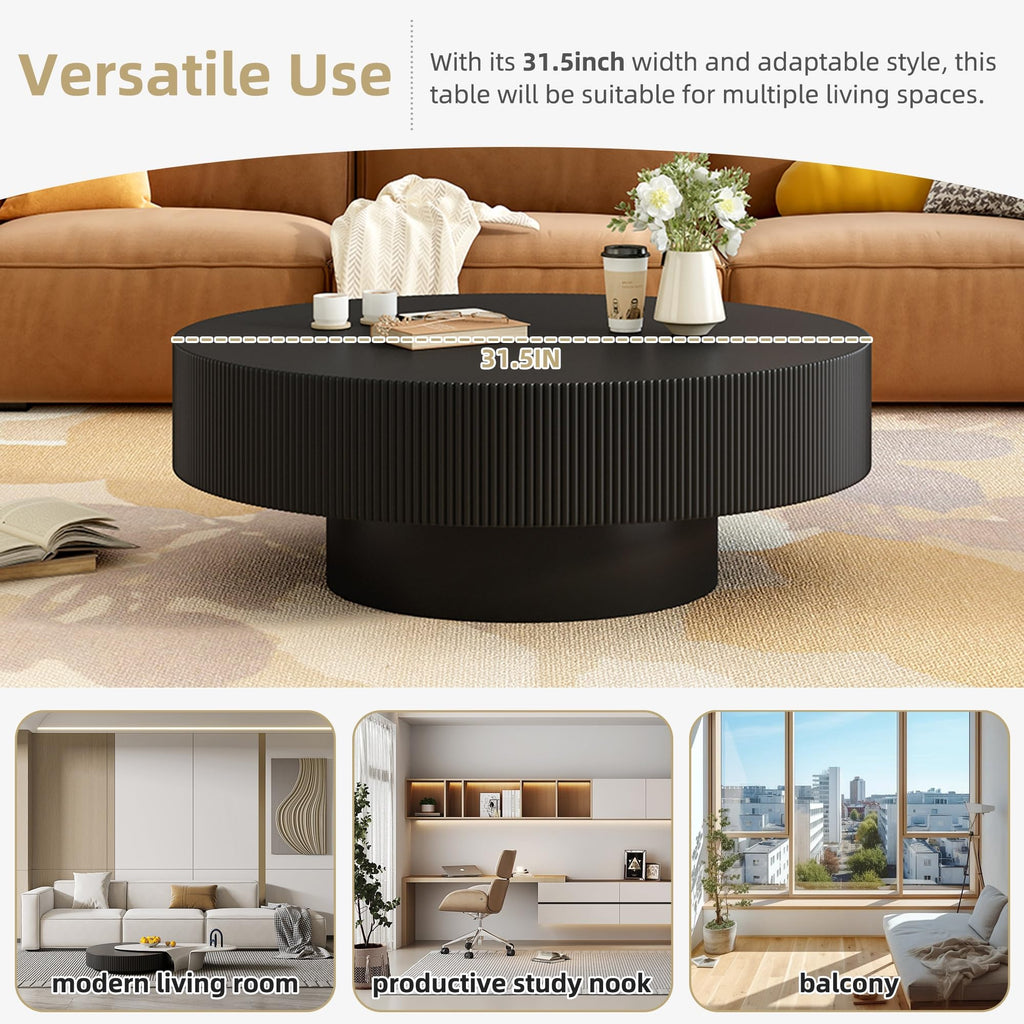 Round Coffee Table, 31.5" Fluted Pedestal Wood Table, Black R1118