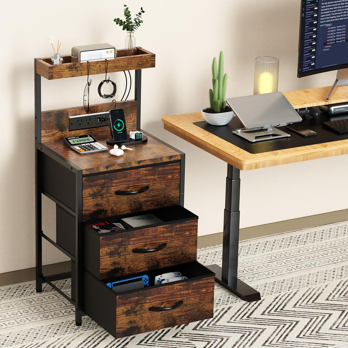 LED Nightstand with Charging Station 3 Fabric Drawers L283346