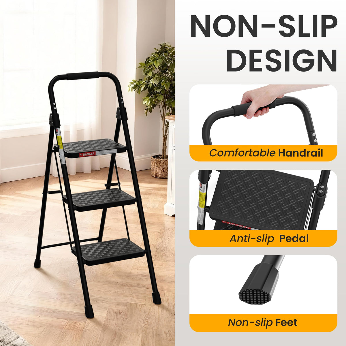 3 Step Folding Ladder with Anti-Slip Pedal H718