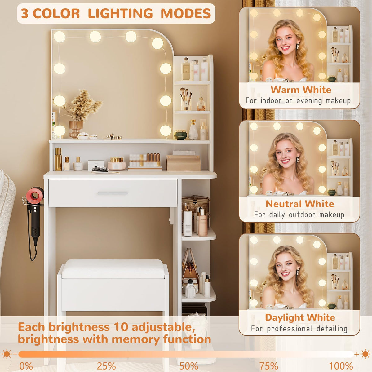 White Small Vanity Set with Chair, Mirror & Lights X1683