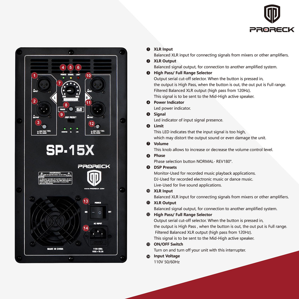 Powered 15 inch PA DJ Subwoofer with Class-D Amplifier, Black D2837