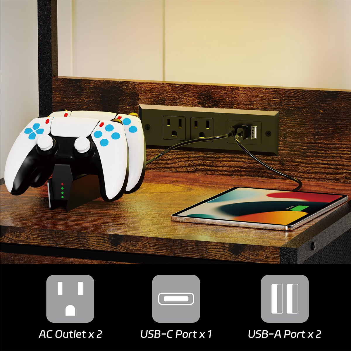 LED Nightstand with Charging Station 3 Fabric Drawers L283346
