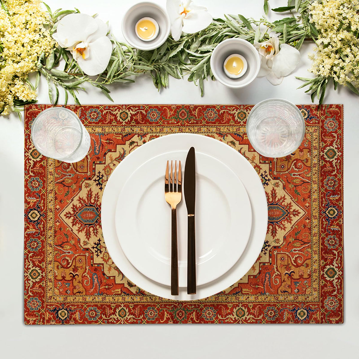 Boho Ethnic Placemats Set of 4 Orange Brown Retro Flower Linen 12"x18" P850