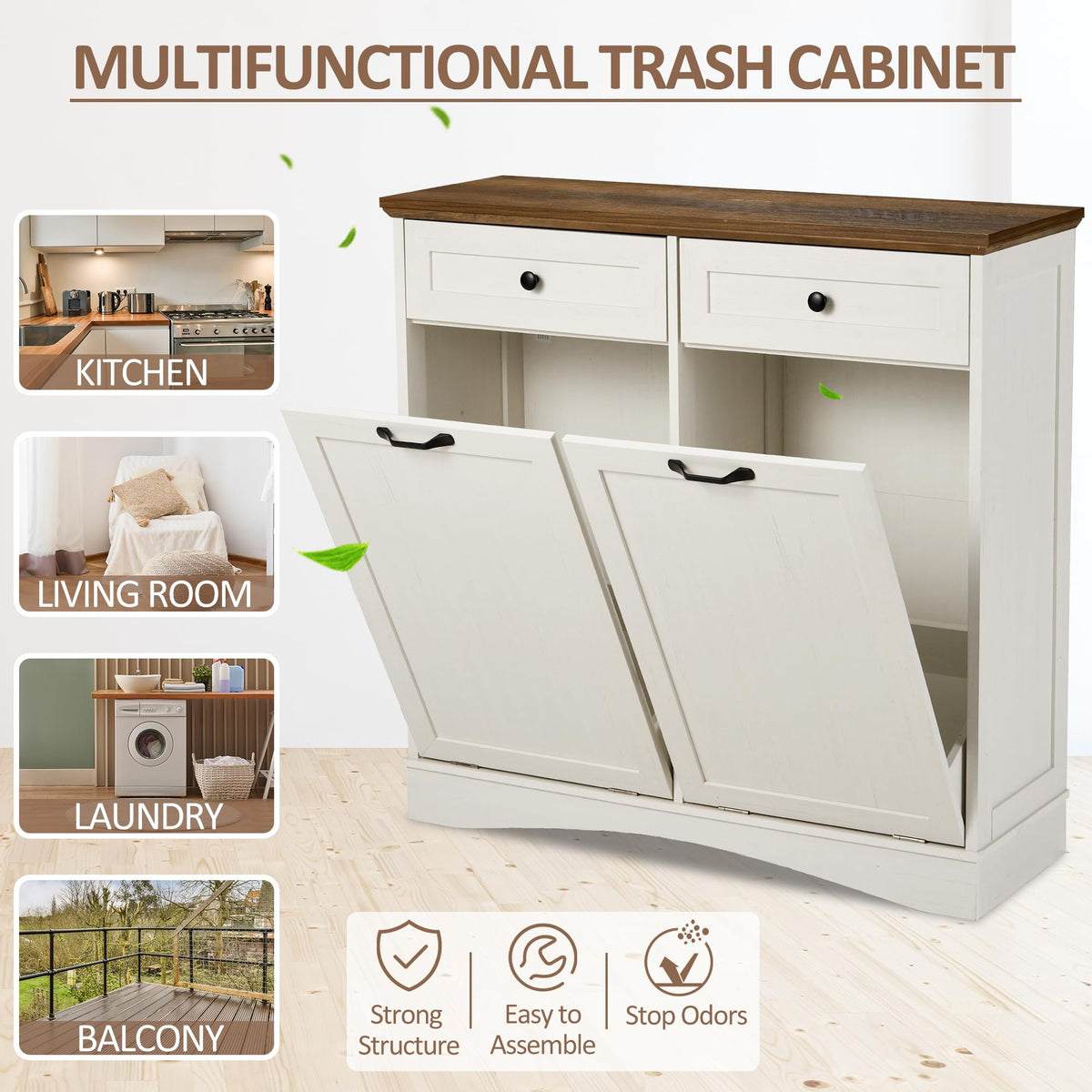 Antique White 2x13 Gallons Trash Can Cabinet W17579