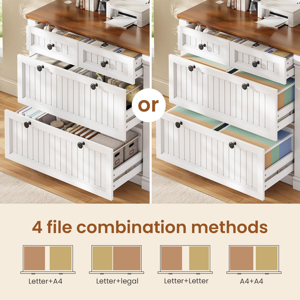 White Brown 4 Drawer Wood File Cabinet with Power Outlets Y529889