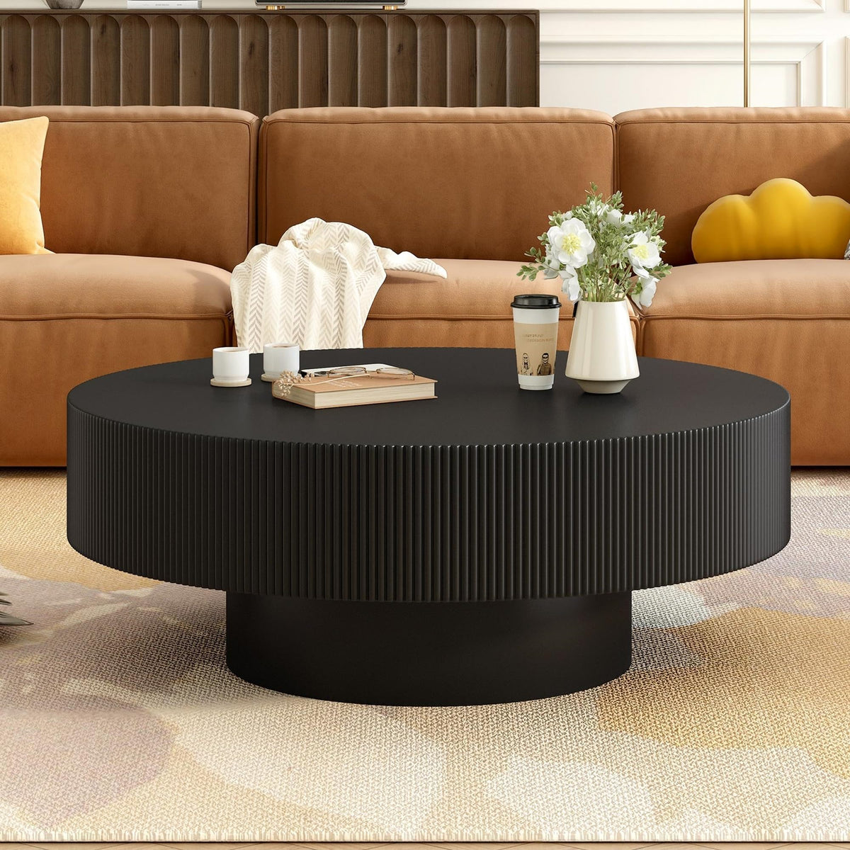 Round Coffee Table, 31.5" Fluted Pedestal Wood Table, Black R1118