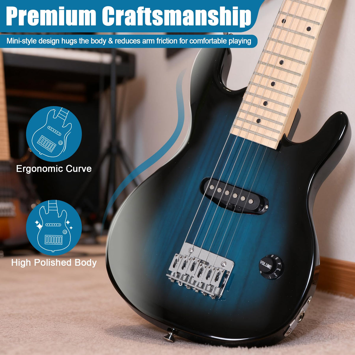 30 inch Kids Electric Guitar with 5w Amp, Gig Bag, Strap, Cable, Strings and Picks, Blue U7712