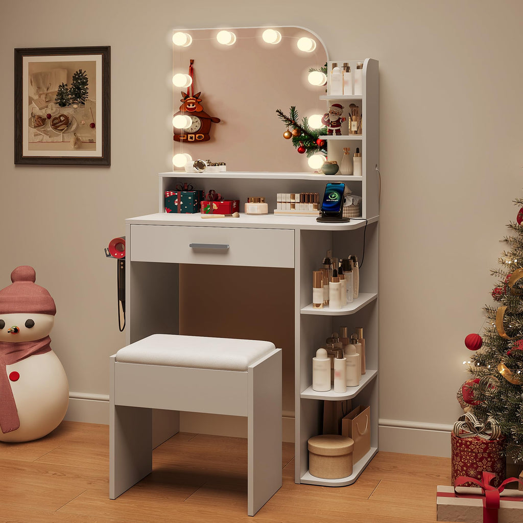 White Small Vanity Set with Chair, Mirror & Lights X1683