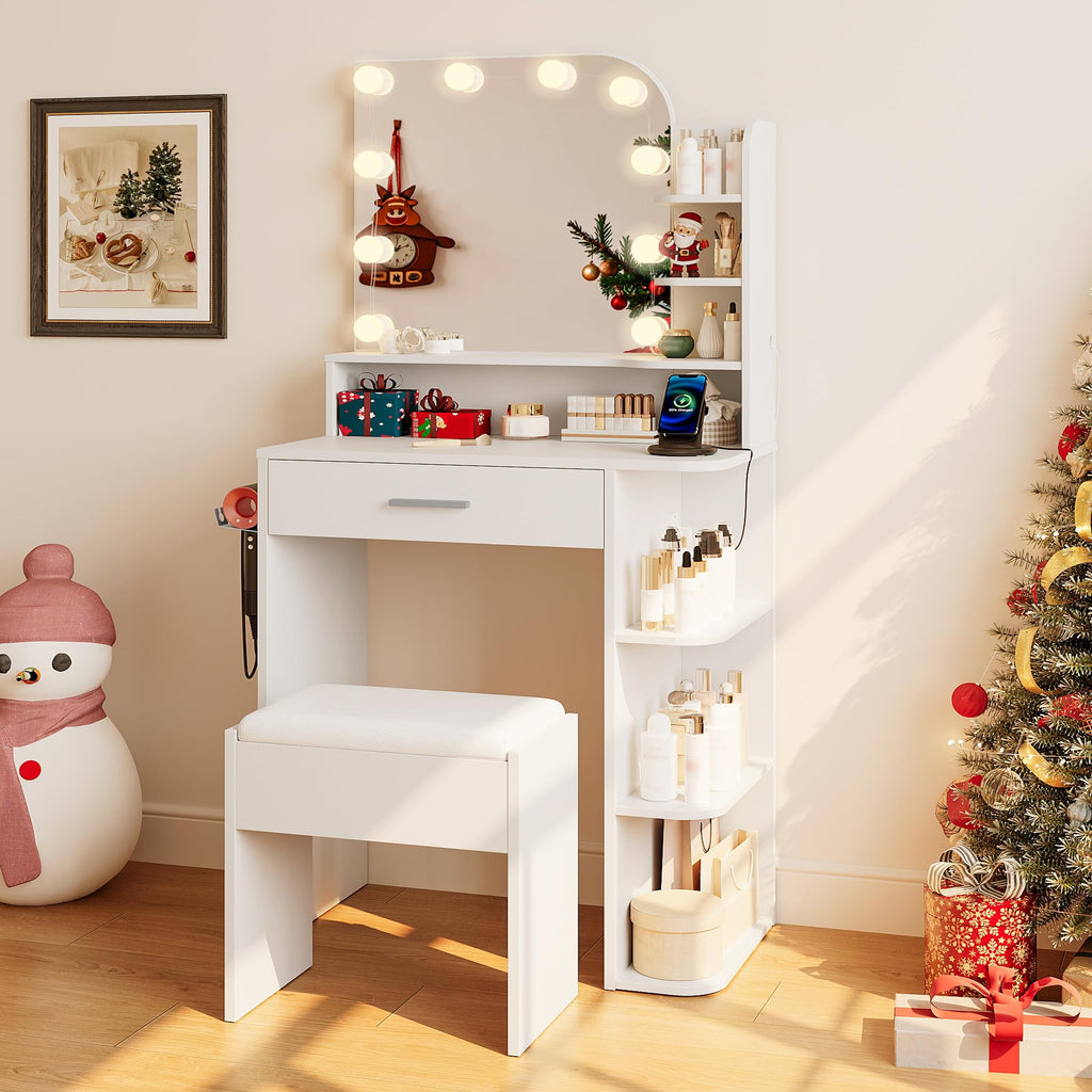 White Small Vanity Set with Chair, Mirror & Lights X1683