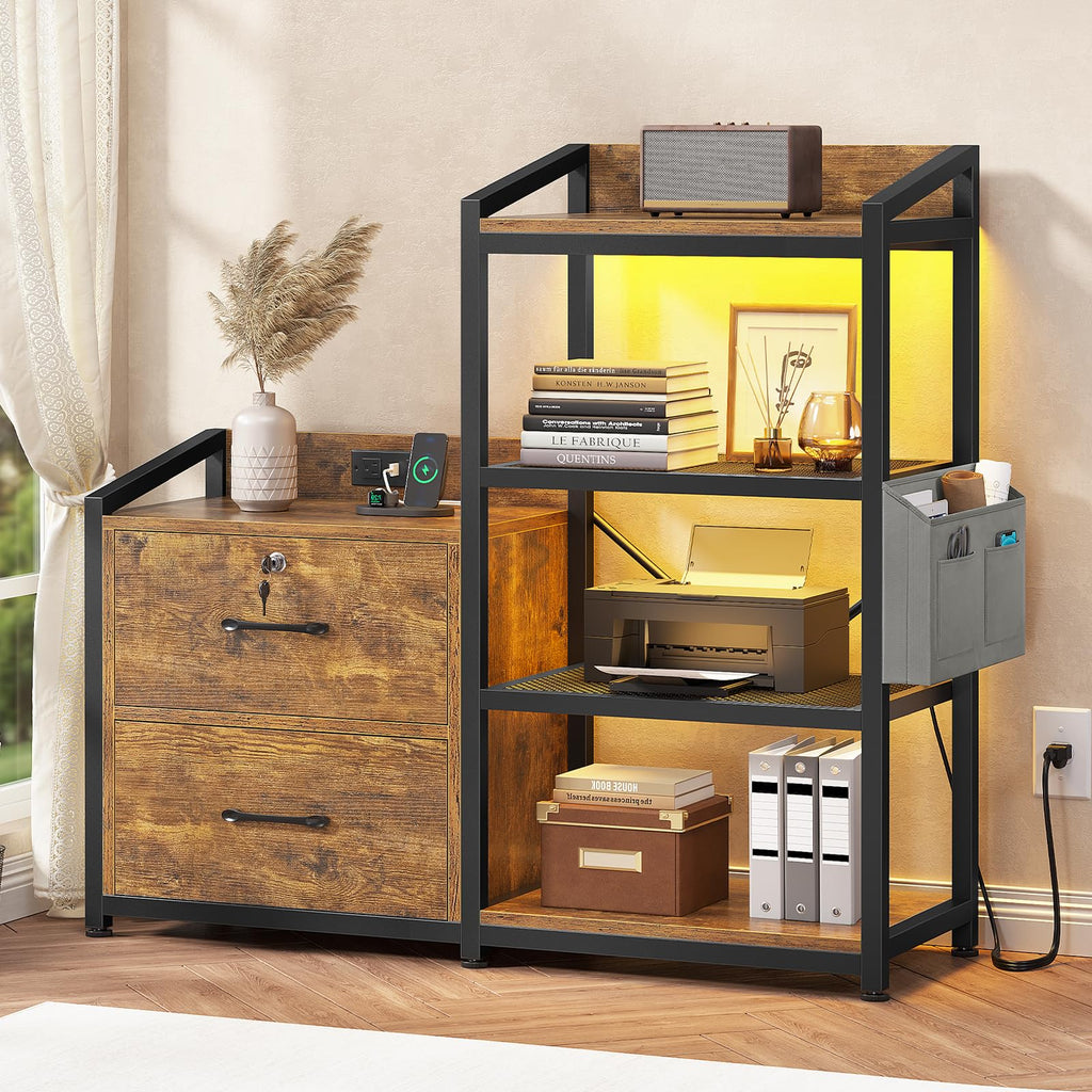 35.4” File Cabinet with 2 Drawer, Power Strip, LED Lights, Lock, Open Shelf, Rustic Brown U8911