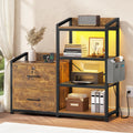 35.4” File Cabinet with 2 Drawer, Power Strip, LED Lights, Lock, Open Shelf, Rustic Brown U8911