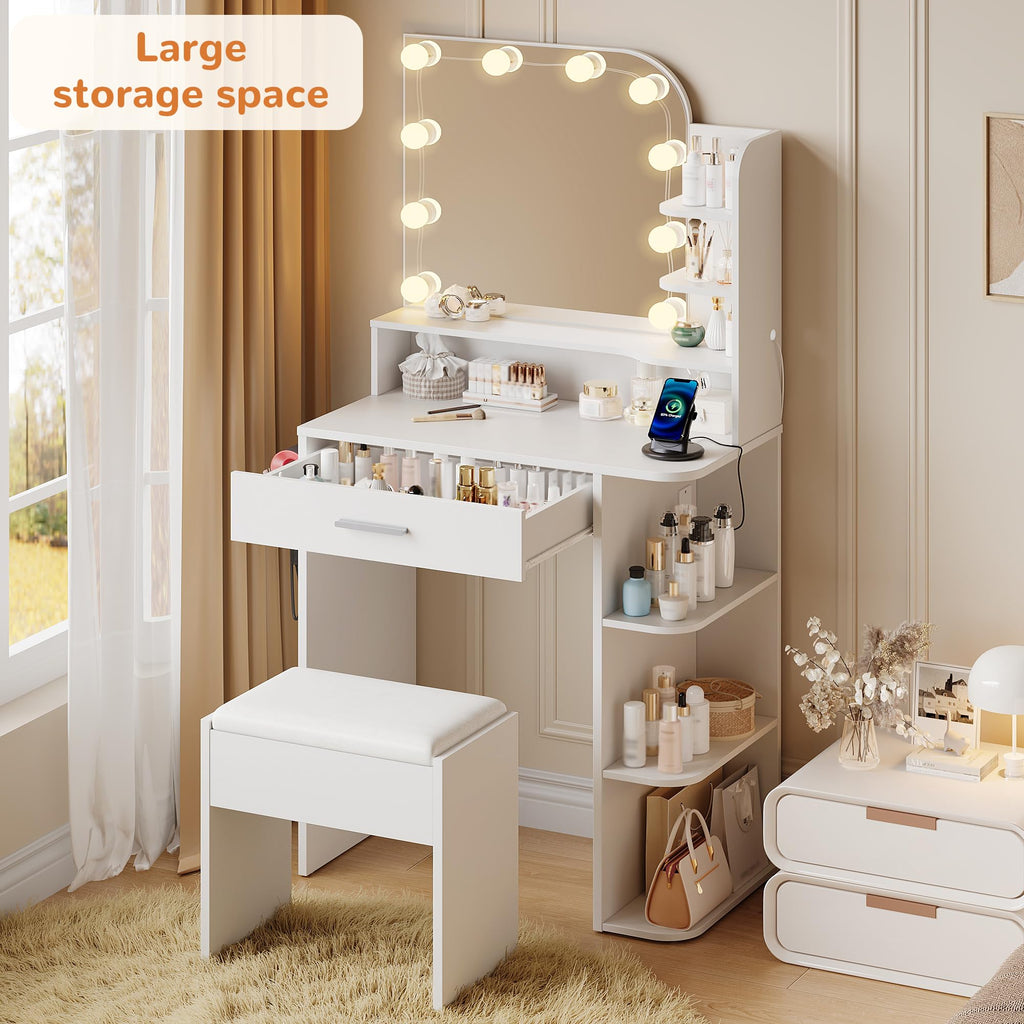 White Small Vanity Set with Chair, Mirror & Lights X1683