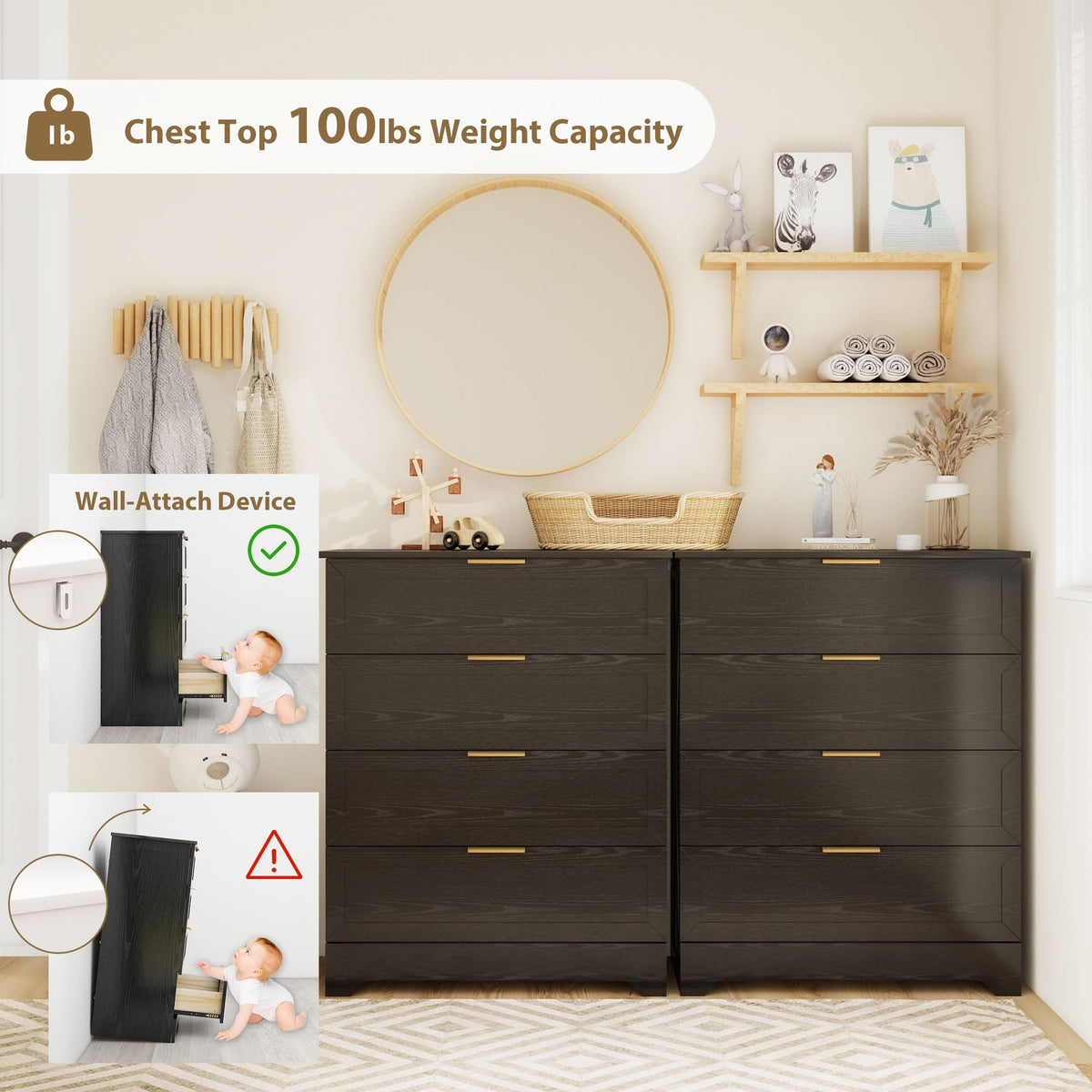 Modern Wide Wooden Chest of Drawers, Black V164058