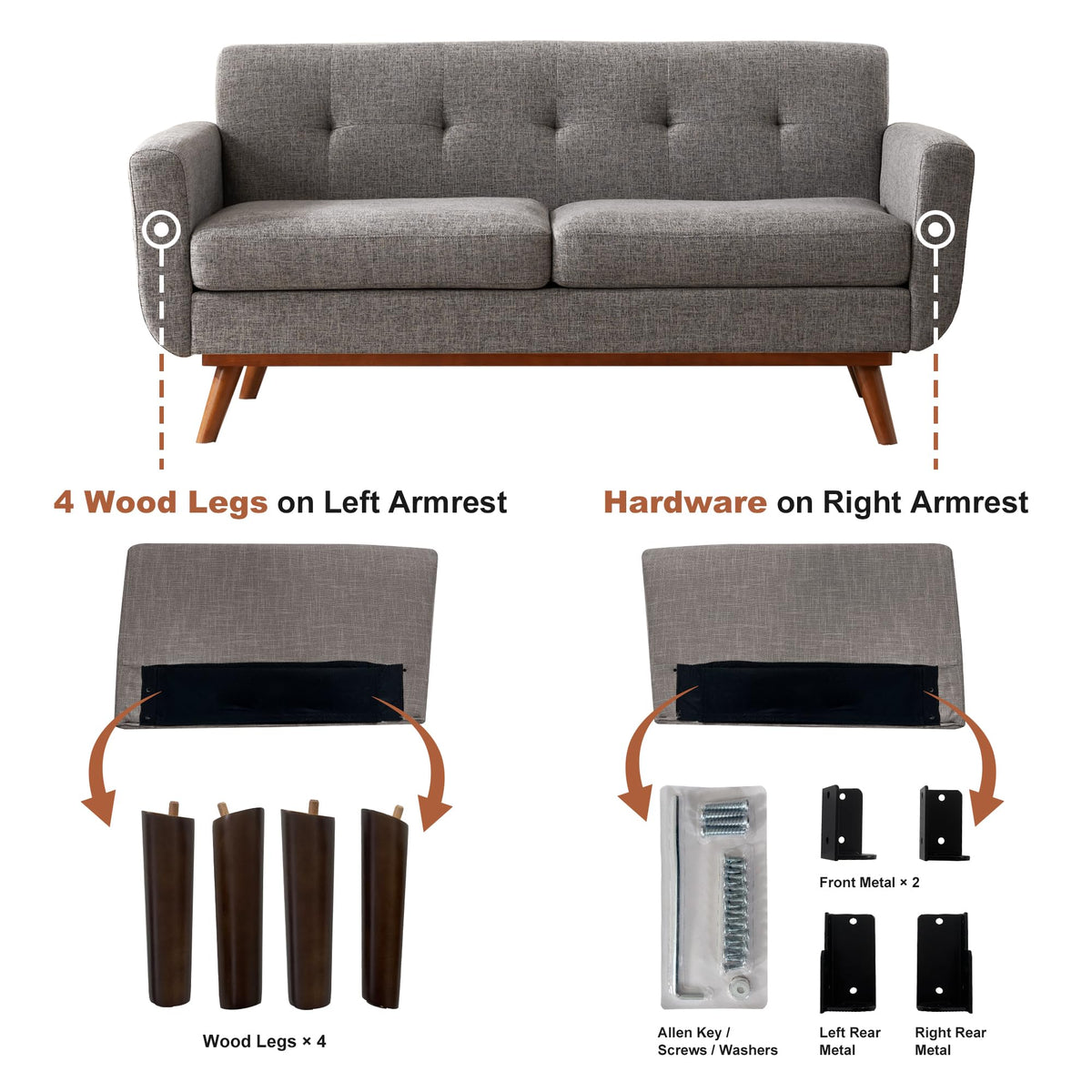 65.2" W Grey Button Tufted Loveseat Sofa V80733