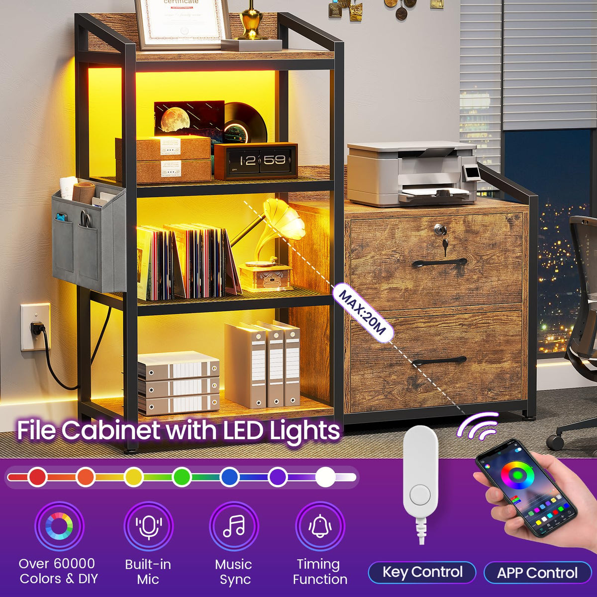 35.4” File Cabinet with 2 Drawer, Power Strip, LED Lights, Lock, Open Shelf, Rustic Brown U8911