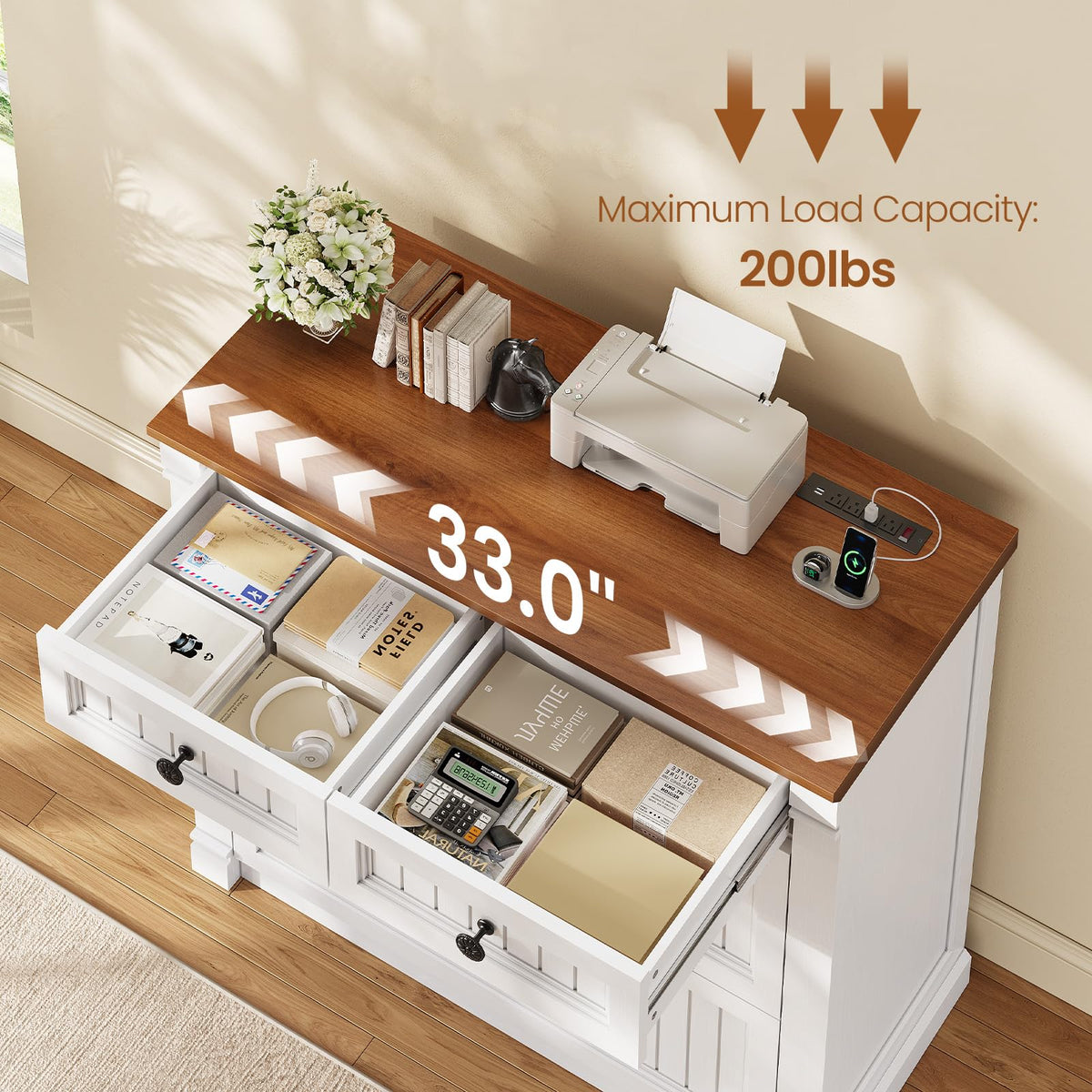 White Brown 4 Drawer Wood File Cabinet with Power Outlets Y529889