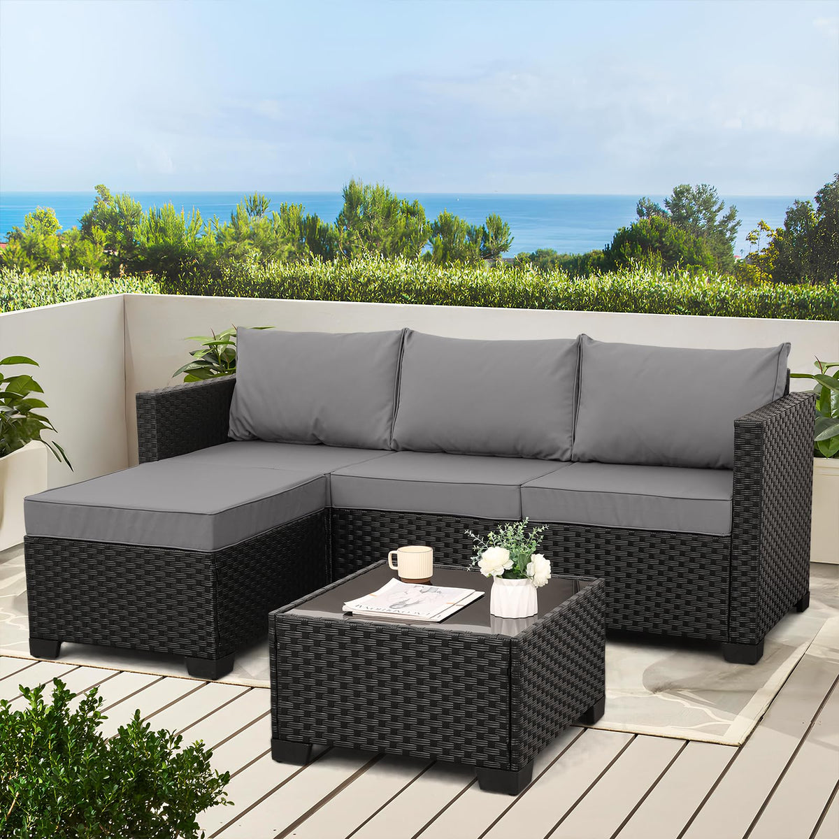 3 Pieces Wicker Outdoor Sectional with Ottoman and Glass Table J9912