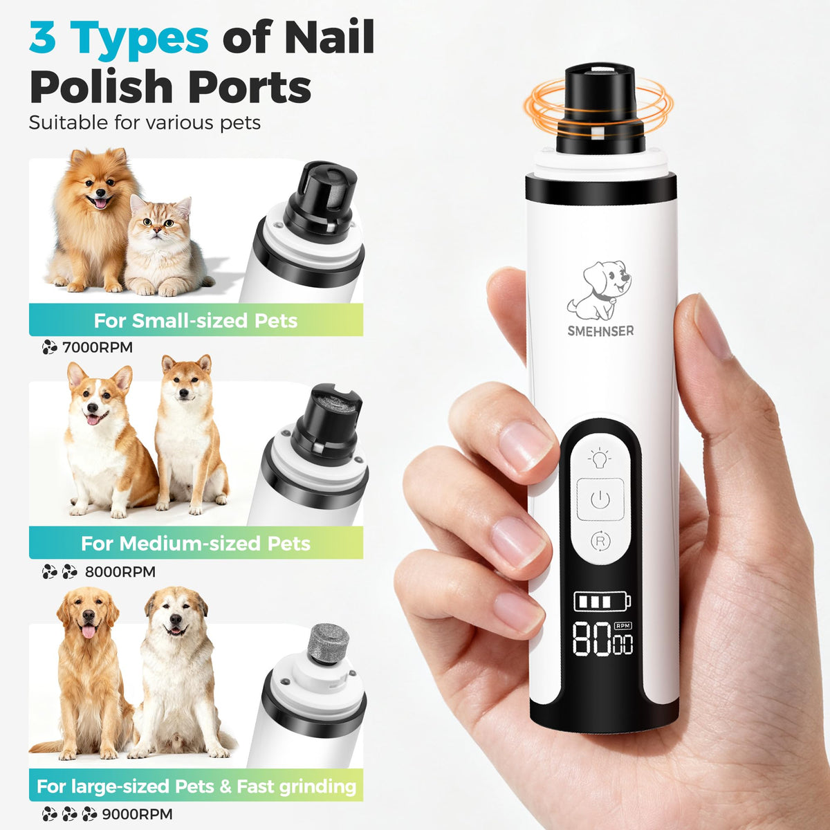 Silent Cordless Dog Nail Grinder with 3 Adjustable Speeds R358029