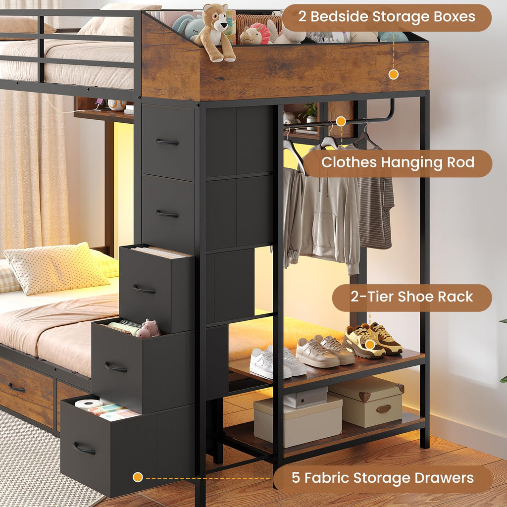 Twin Over Twin Bunk Bed with 8 Storage Drawers and Power Outlets, LED Metal Bunk Bed with Ladder, Black I802210