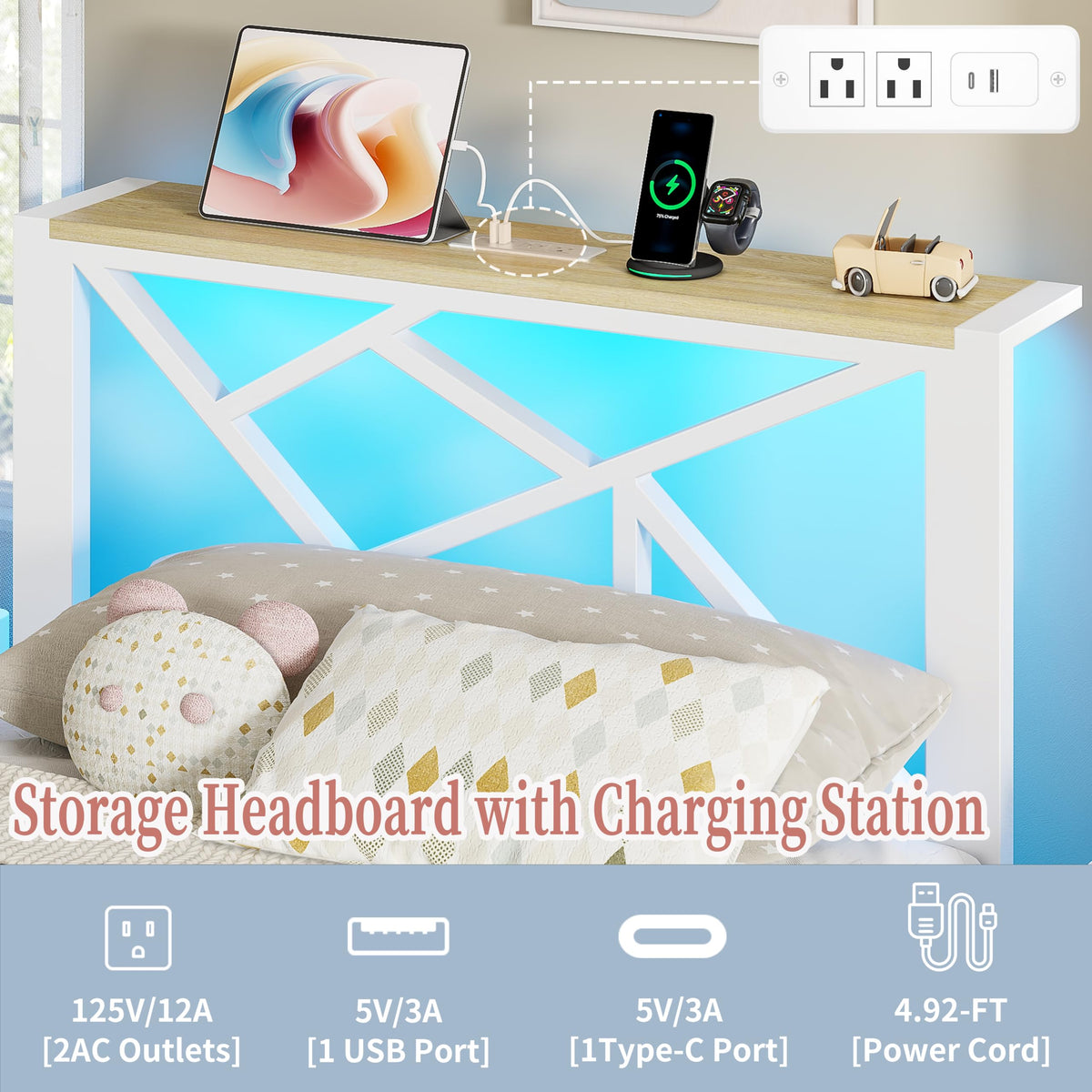 White Twin Metal Bed Frame with USB Charging Station M74879