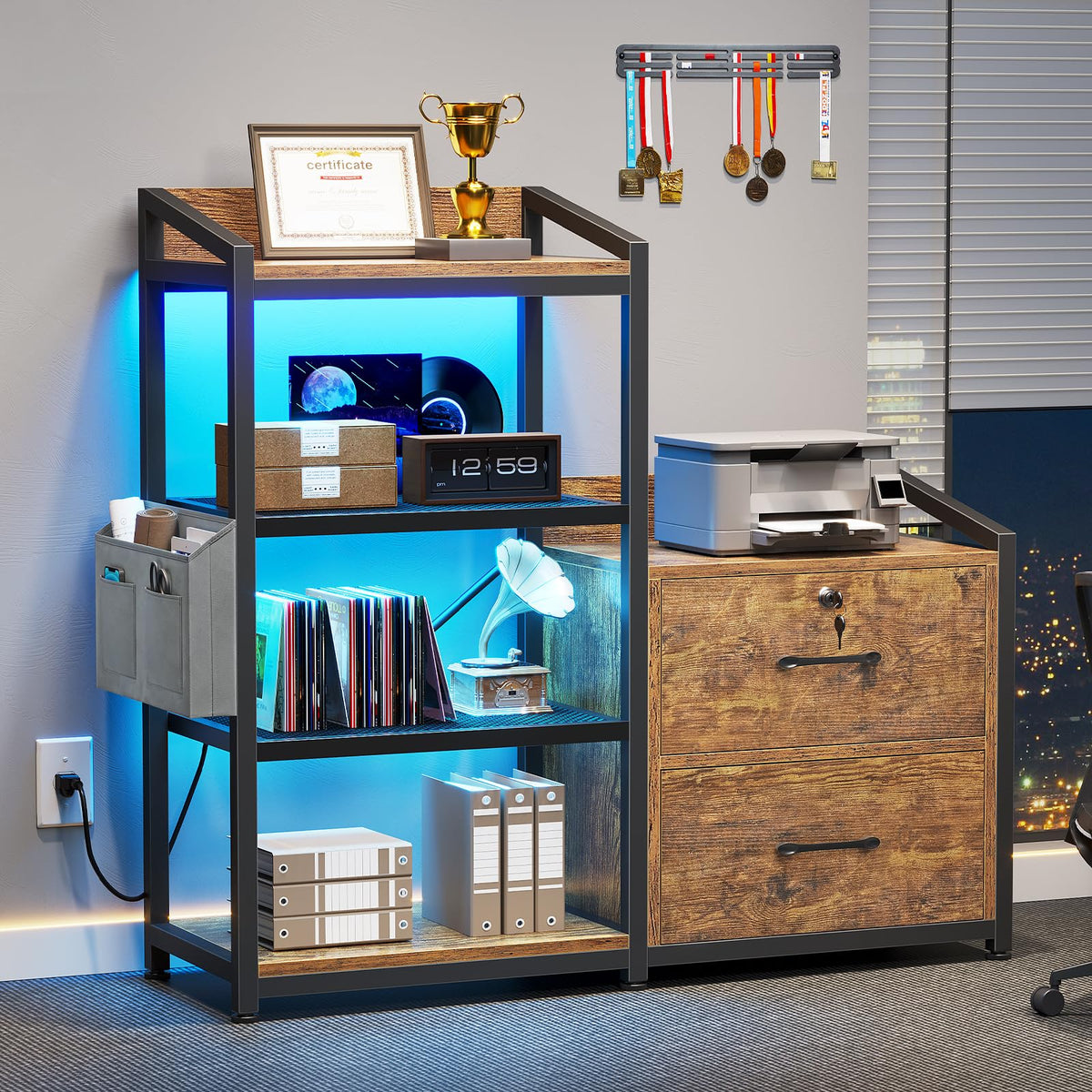 35.4” File Cabinet with 2 Drawer, Power Strip, LED Lights, Lock, Open Shelf, Rustic Brown U8911
