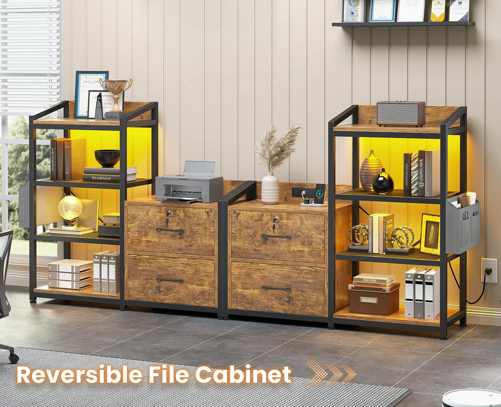 35.4” File Cabinet with 2 Drawer, Power Strip, LED Lights, Lock, Open Shelf, Rustic Brown U8911