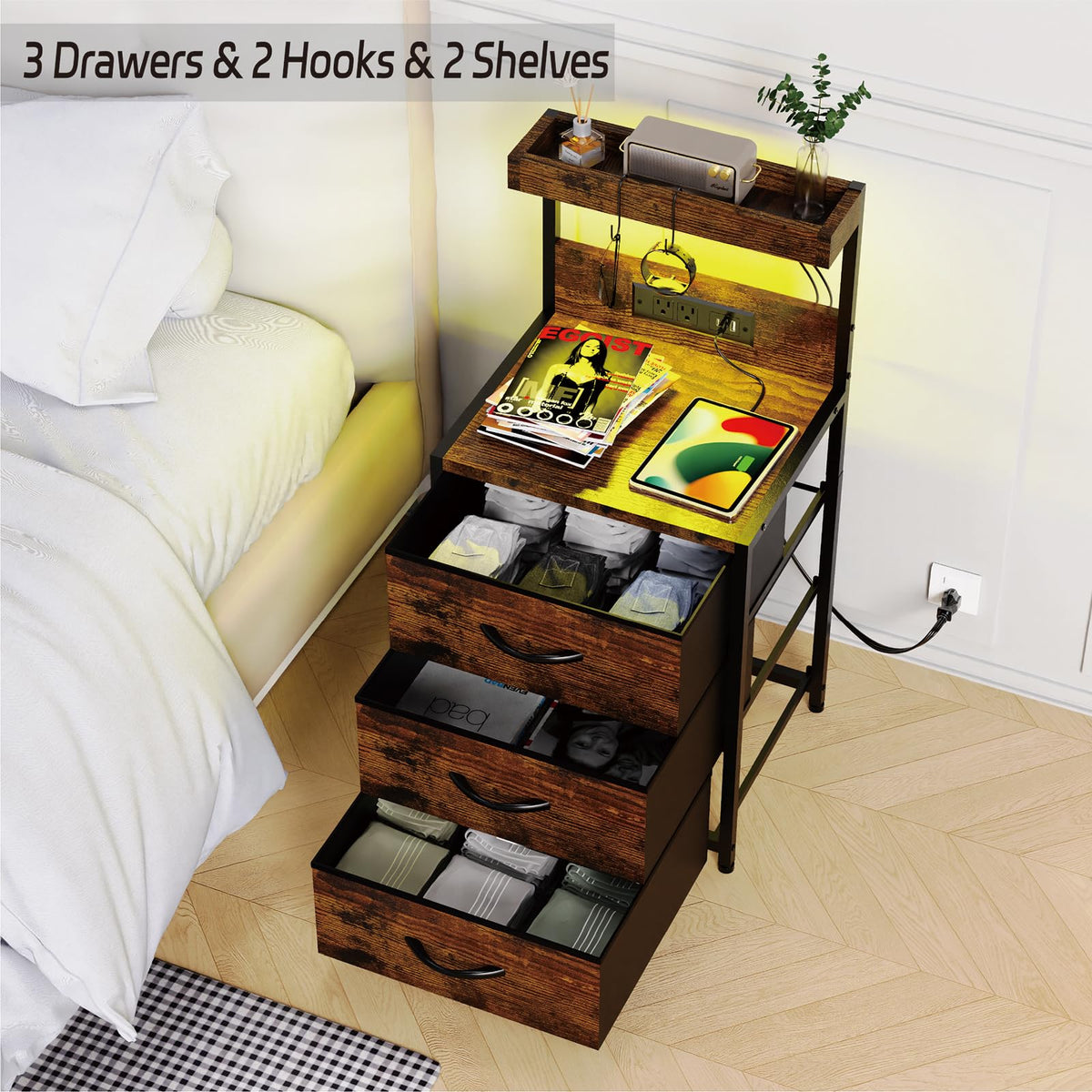 LED Nightstand with Charging Station 3 Fabric Drawers L283346