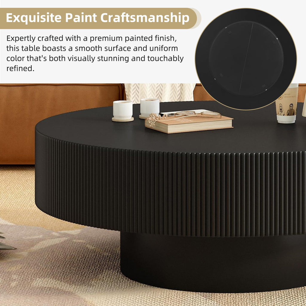 Round Coffee Table, 31.5" Fluted Pedestal Wood Table, Black R1118