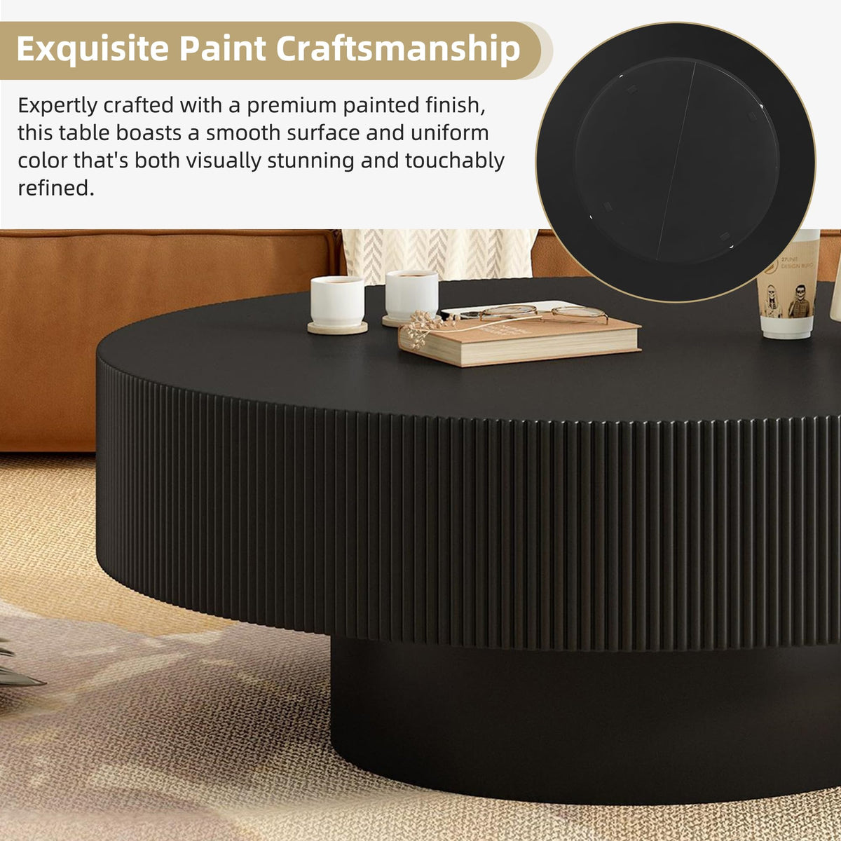 Round Coffee Table, 31.5" Fluted Pedestal Wood Table, Black R1118