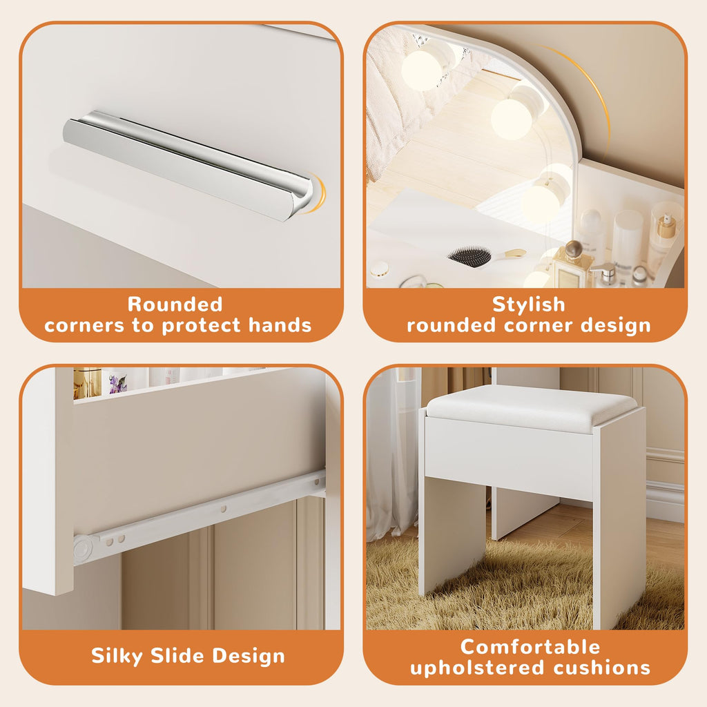 White Small Vanity Set with Chair, Mirror & Lights X1683