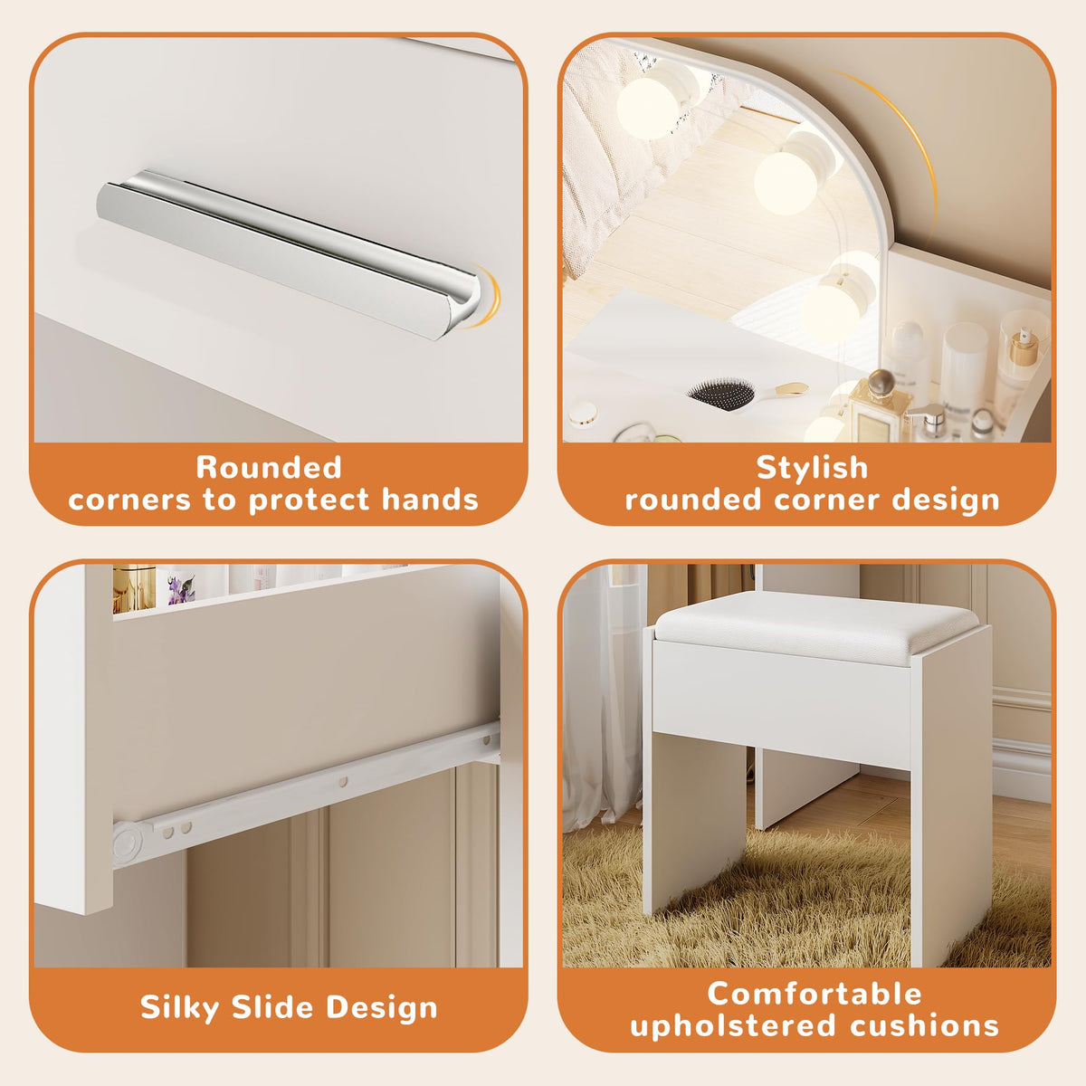 White Small Vanity Set with Chair, Mirror & Lights X1683