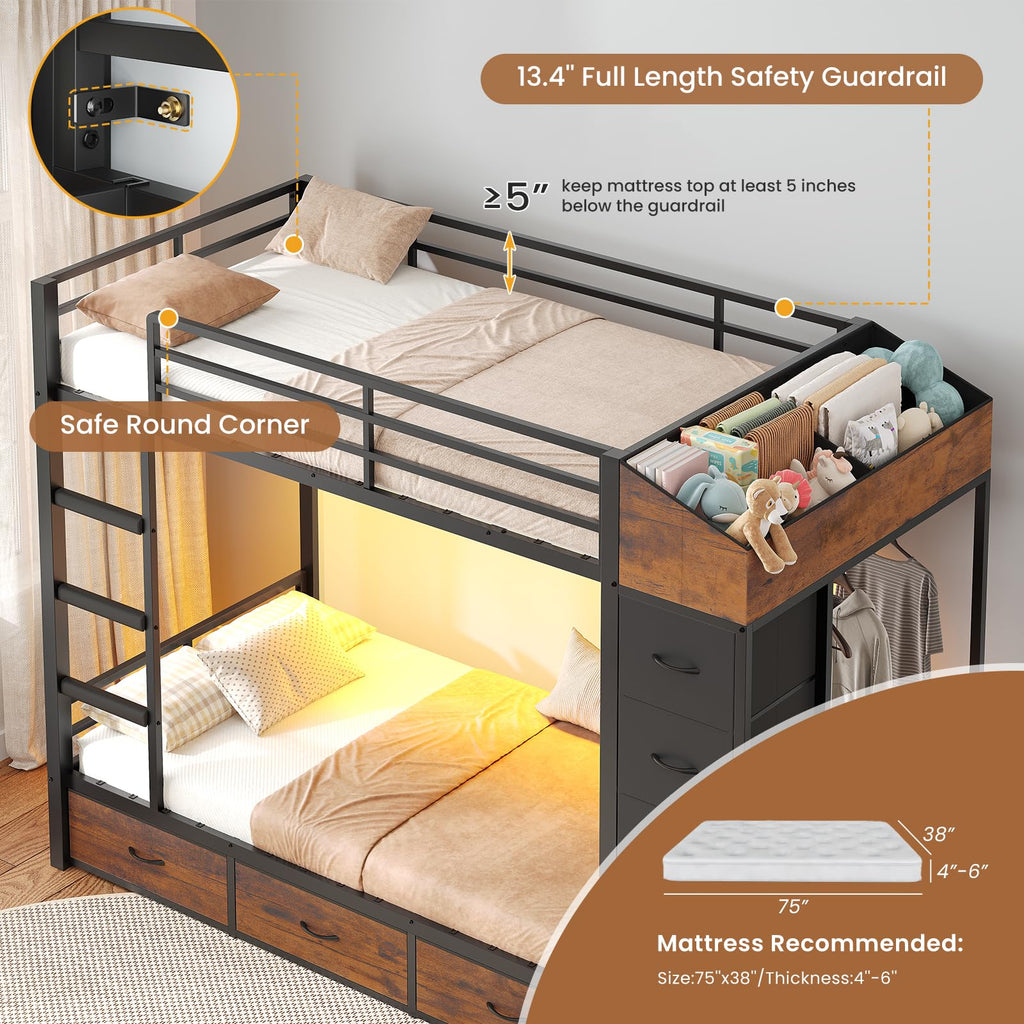 Twin Over Twin Bunk Bed with 8 Storage Drawers and Power Outlets, LED Metal Bunk Bed with Ladder, Black I802210
