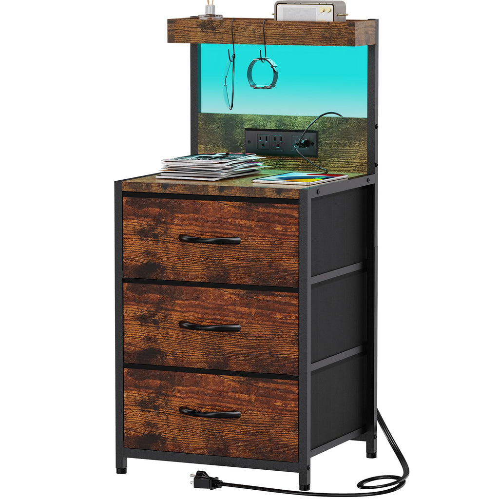 LED Nightstand with Charging Station 3 Fabric Drawers L283346