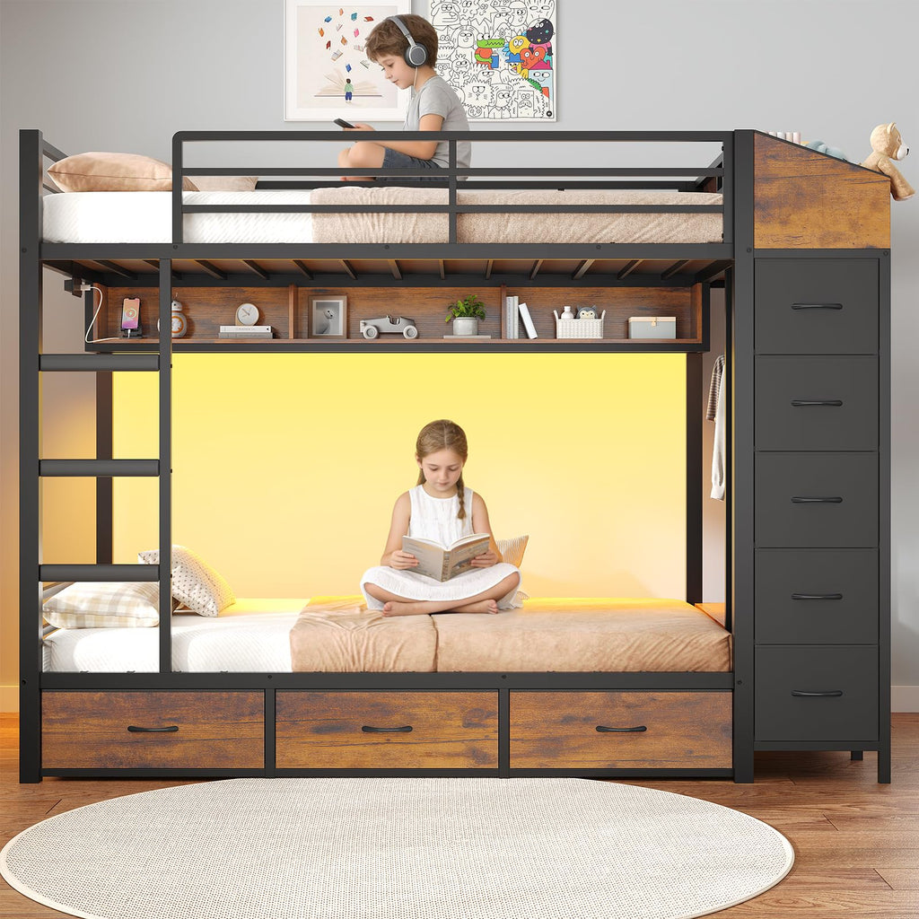 Twin Over Twin Bunk Bed with 8 Storage Drawers and Power Outlets, LED Metal Bunk Bed with Ladder, Black I802210