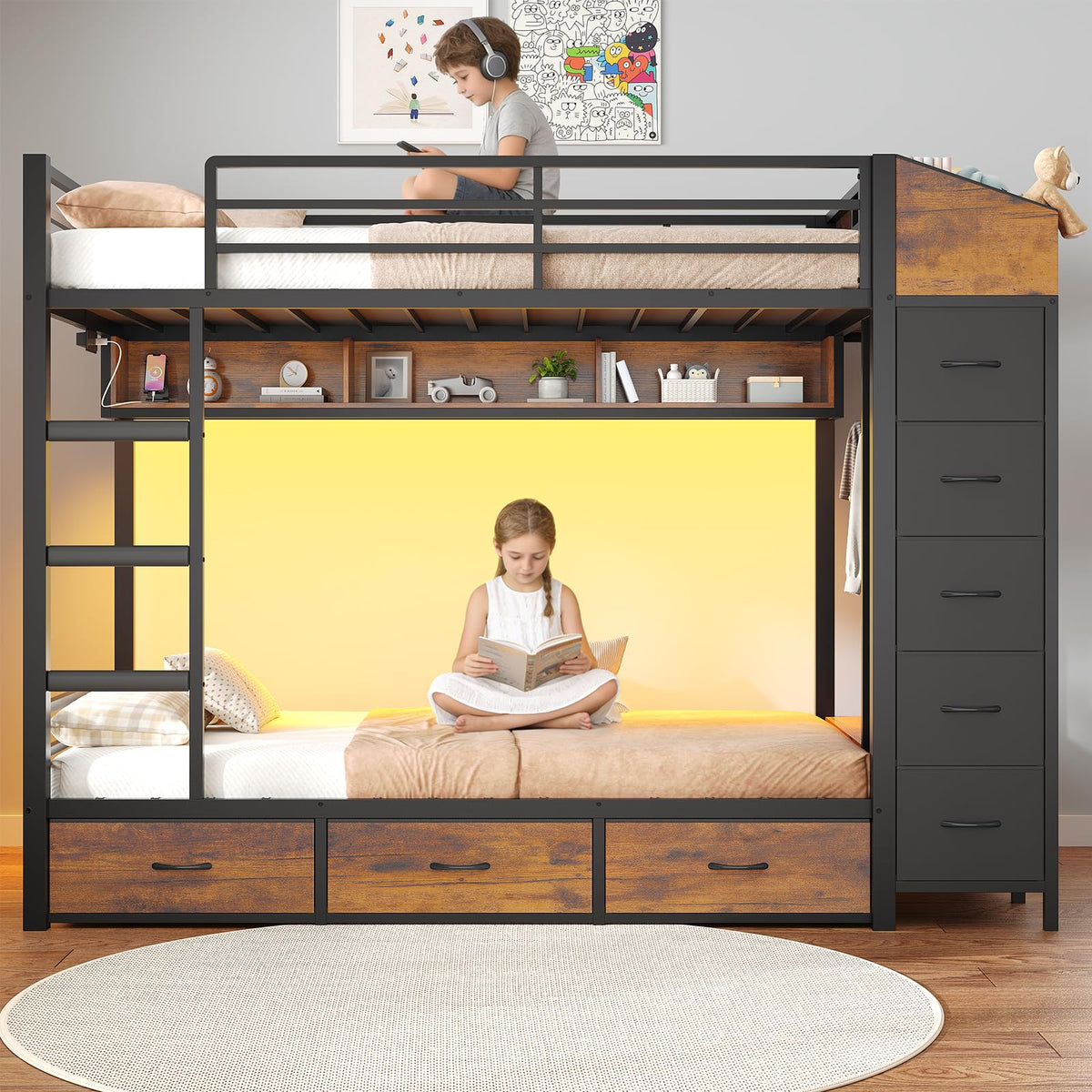 Twin Over Twin Bunk Bed with 8 Storage Drawers and Power Outlets, LED Metal Bunk Bed with Ladder, Black I802210