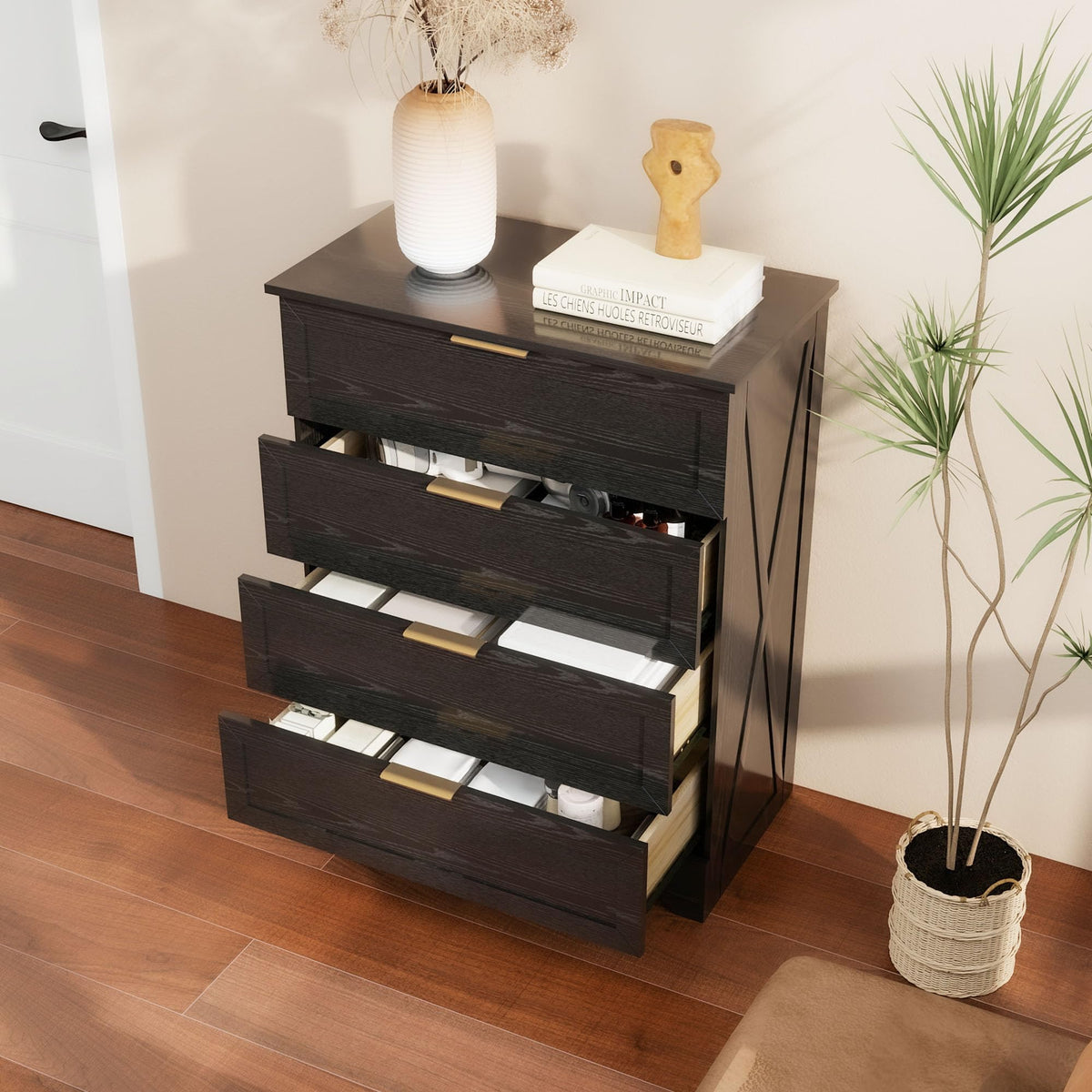 Modern Wide Wooden Chest of Drawers, Black V164058