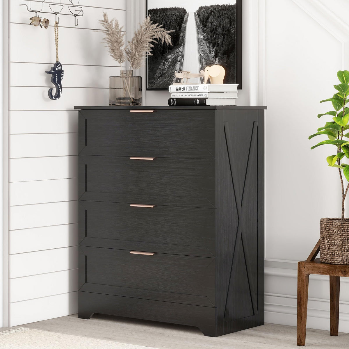 Modern Wide Wooden Chest of Drawers, Black V164058