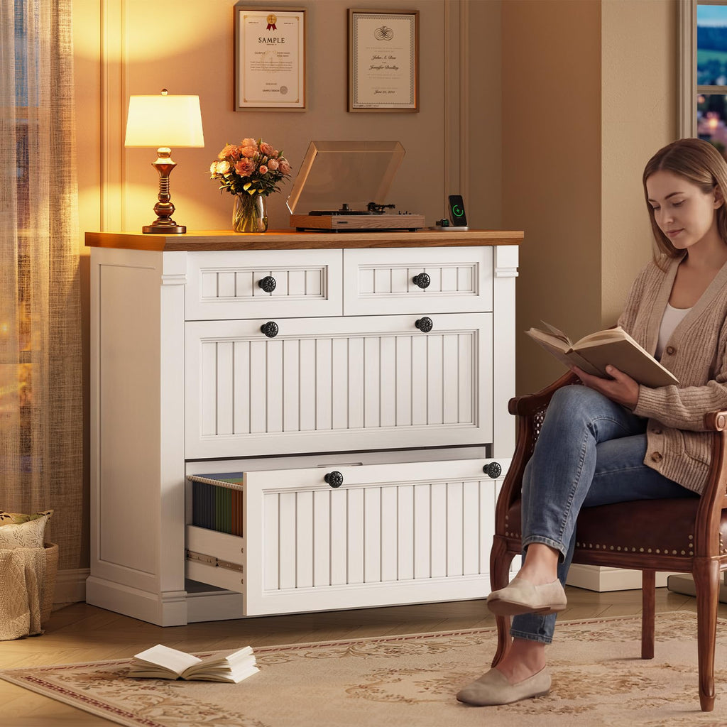 White Brown 4 Drawer Wood File Cabinet with Power Outlets Y529889