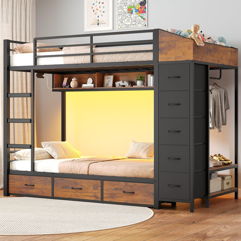 Twin Over Twin Bunk Bed with 8 Storage Drawers and Power Outlets, LED Metal Bunk Bed with Ladder, Black I802210