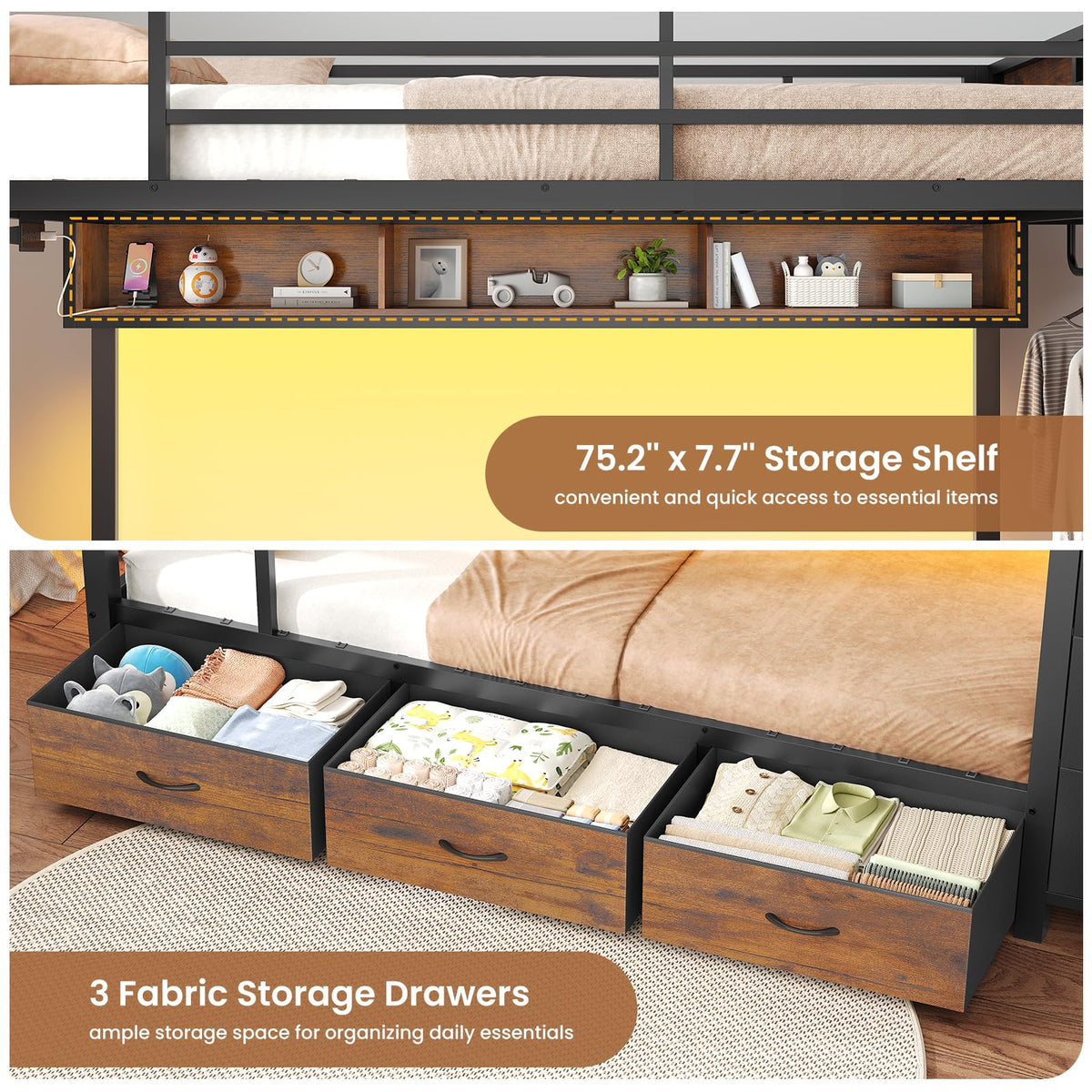 Twin Over Twin Bunk Bed with 8 Storage Drawers and Power Outlets, LED Metal Bunk Bed with Ladder, Black I802210