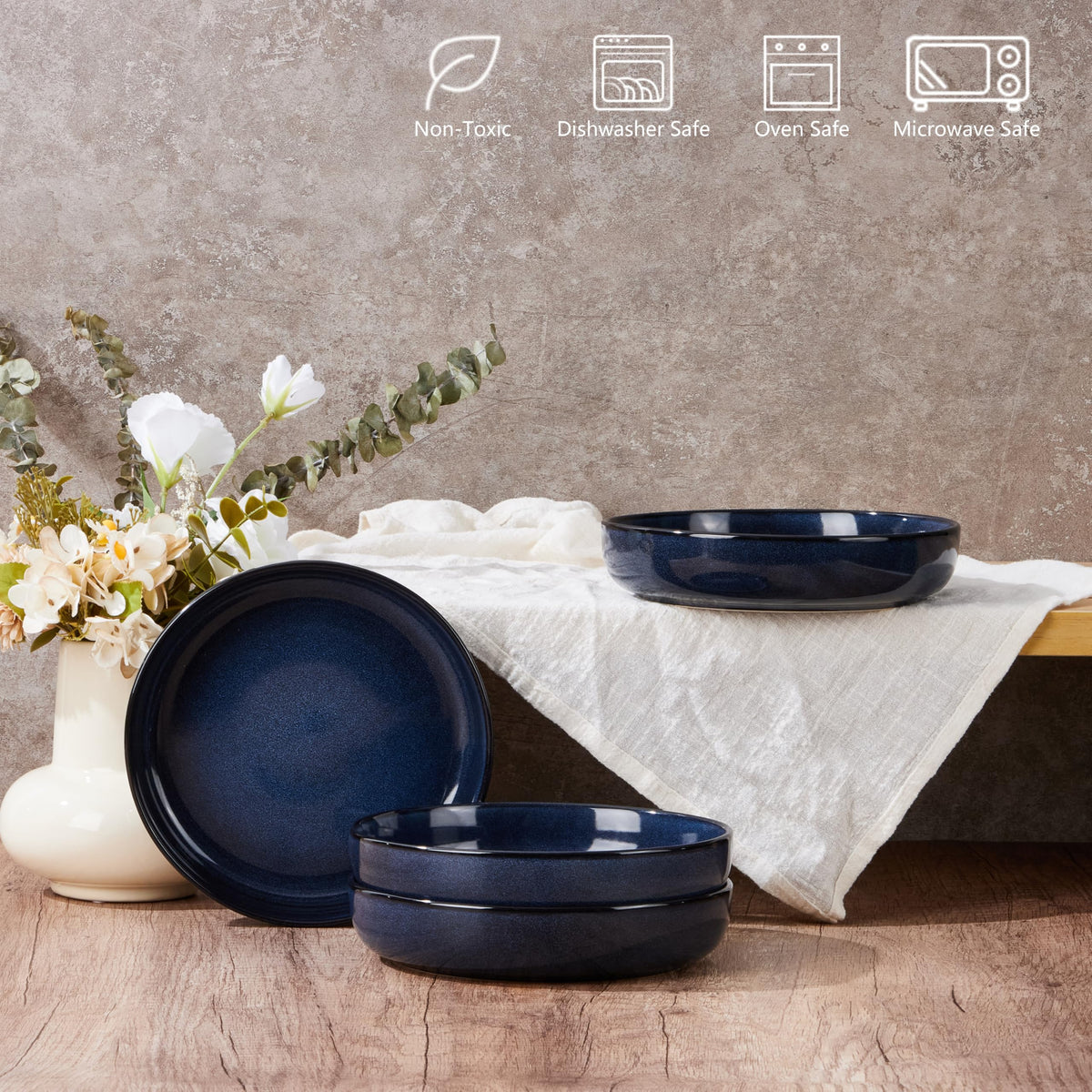 Blue Stoneware Pasta Bowls Set of 4 V316144
