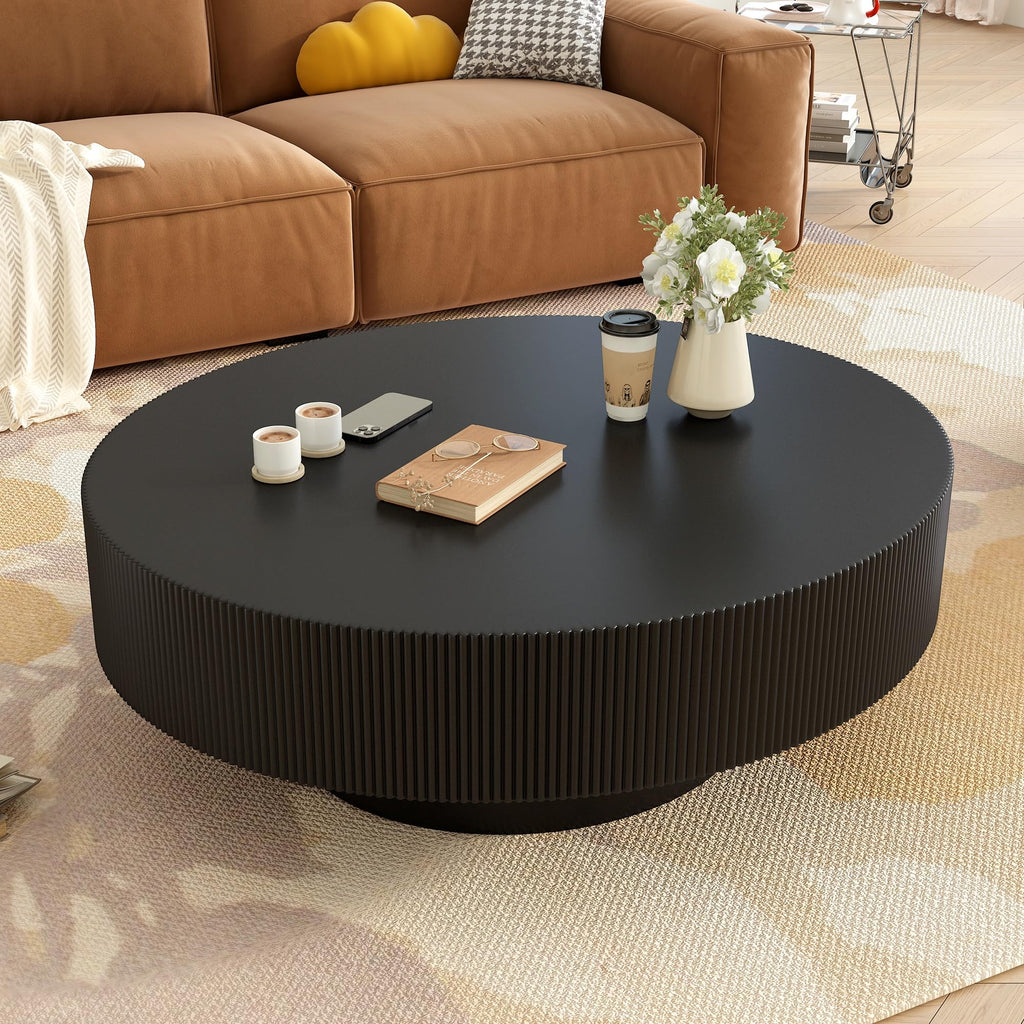 Round Coffee Table, 31.5" Fluted Pedestal Wood Table, Black R1118