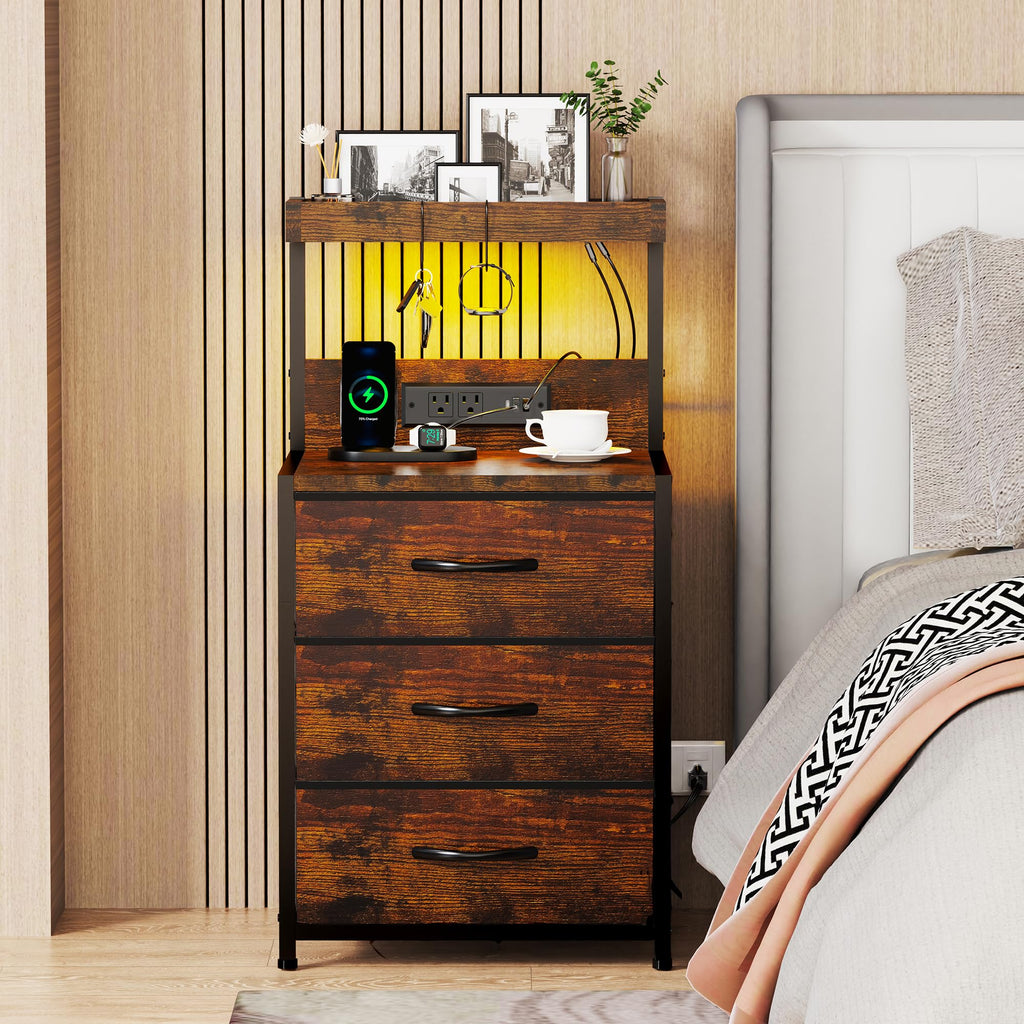 LED Nightstand with Charging Station 3 Fabric Drawers L283346