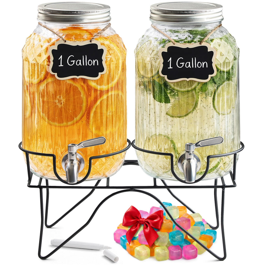 2 Gallon Glass Drink Dispensers with Stand, 2 Pack K1142