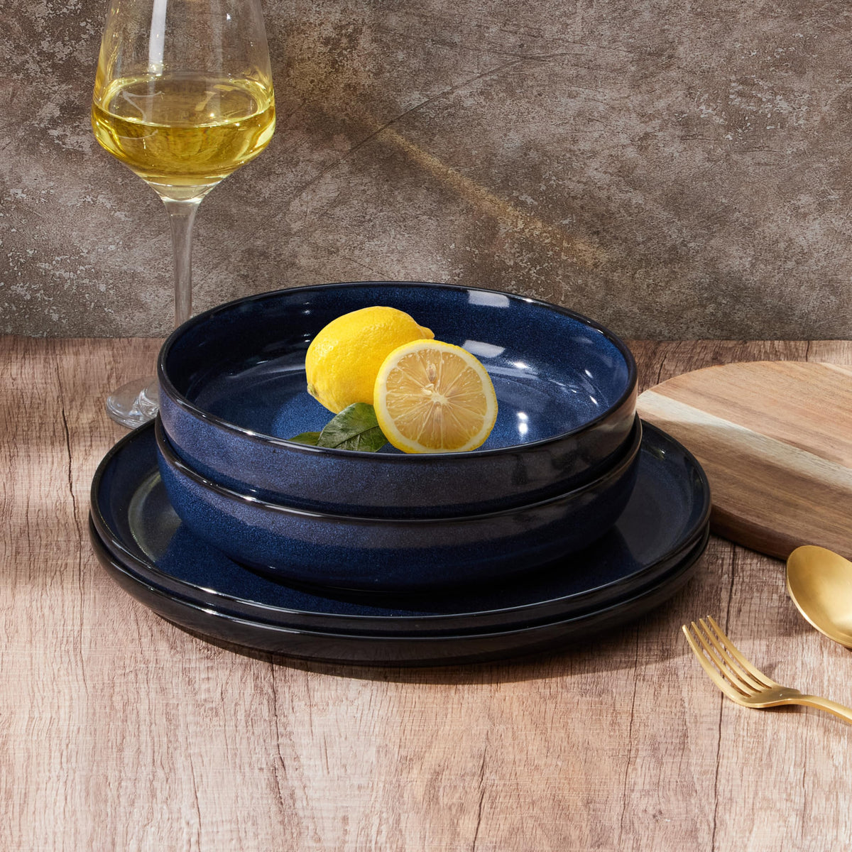 Blue Stoneware Pasta Bowls Set of 4 V316144